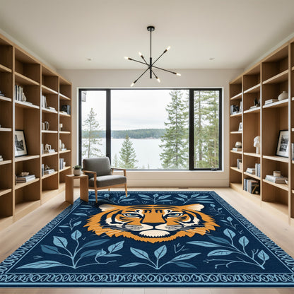 Bold Orange Tiger Blue Leaf Border Rug