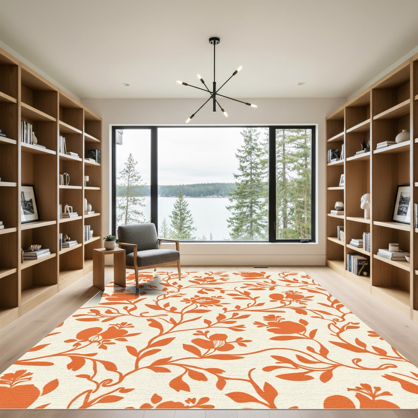 Orange Floral Vines Cream Background Rug