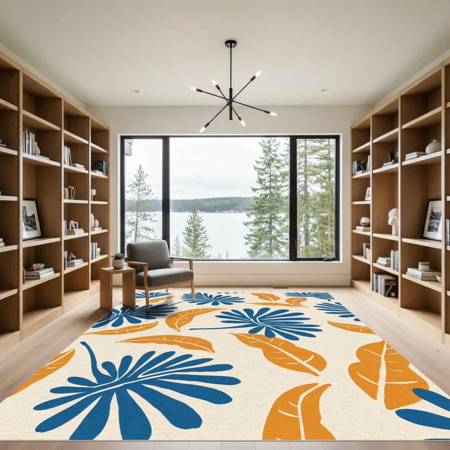 Bold Blue Orange Leaf Pattern Rug