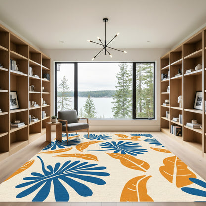 Bold Blue Orange Leaf Pattern Rug