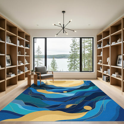 Abstract Blue Gold Wavy Landscape Rug