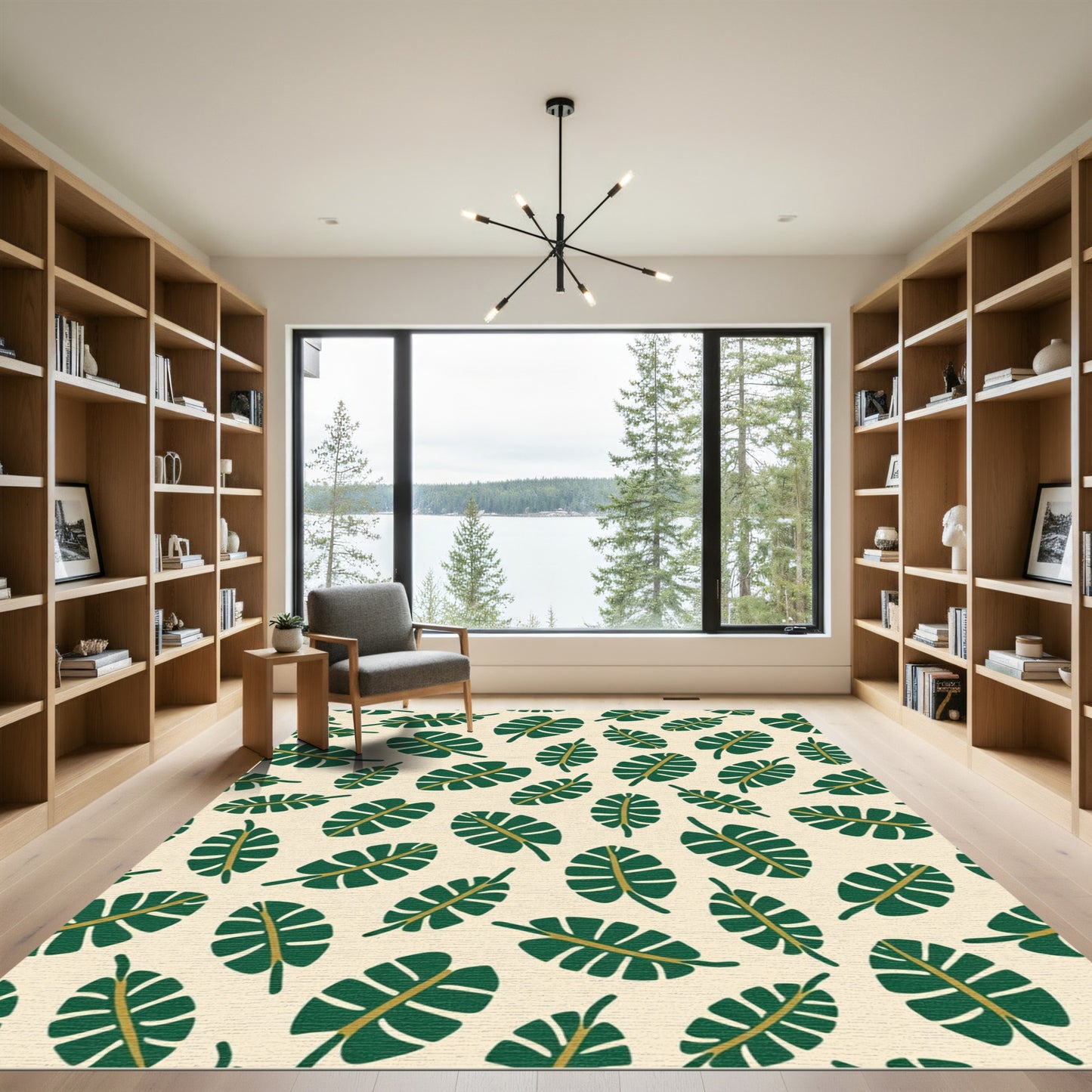 Tropical Green Leaf Pattern Overlay Rug