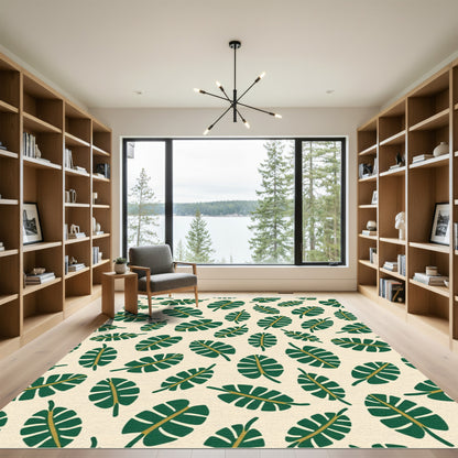 Tropical Green Leaf Pattern Overlay Rug
