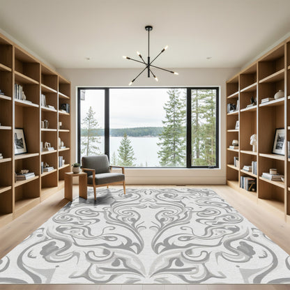 Elegant Gray Swirl Curlicue Ornament Rug