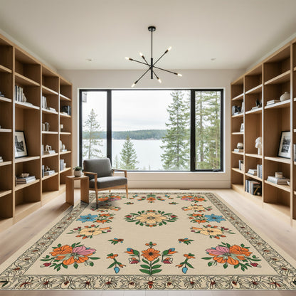 Vibrant Orange Blue Floral Medallion Rug