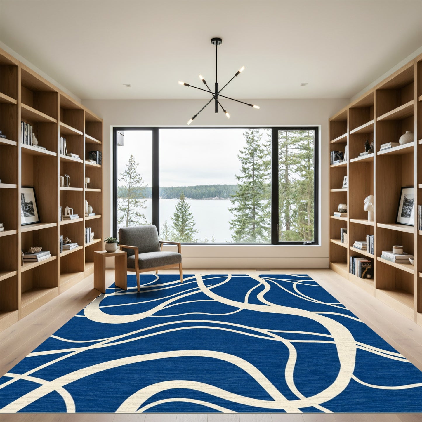 Deep Blue Cream Organic Swirl Rug
