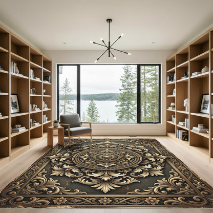 Ornate Gold Floral Medallion Frame Rug