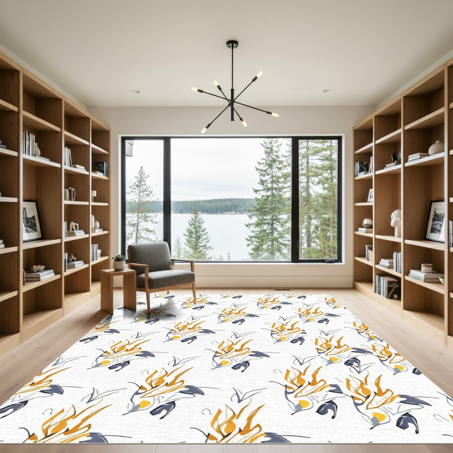 Abstract Golden Gray Flame Swirl Rug