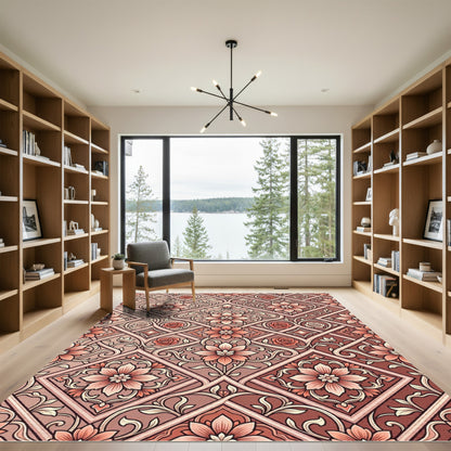 Salmon Pink Floral Diamond Lattice Rug