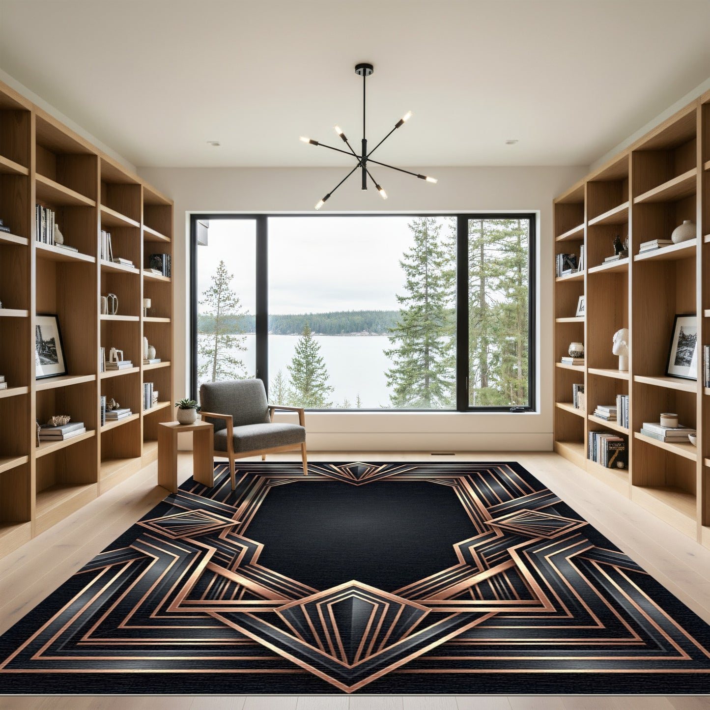 Art Deco Black Geometric Gold Frame Rug
