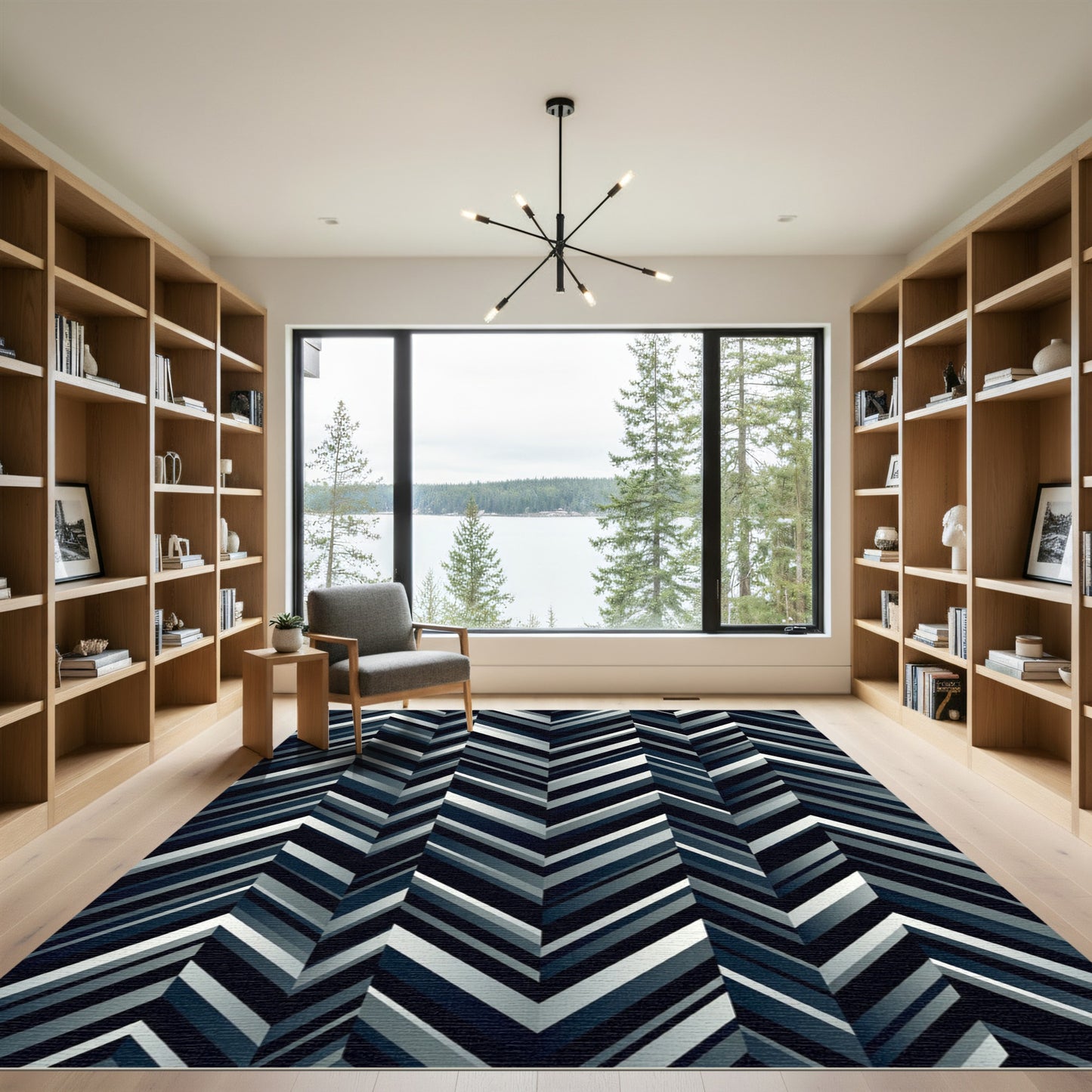 Deep Navy Geometric Chevron Stripes Rug