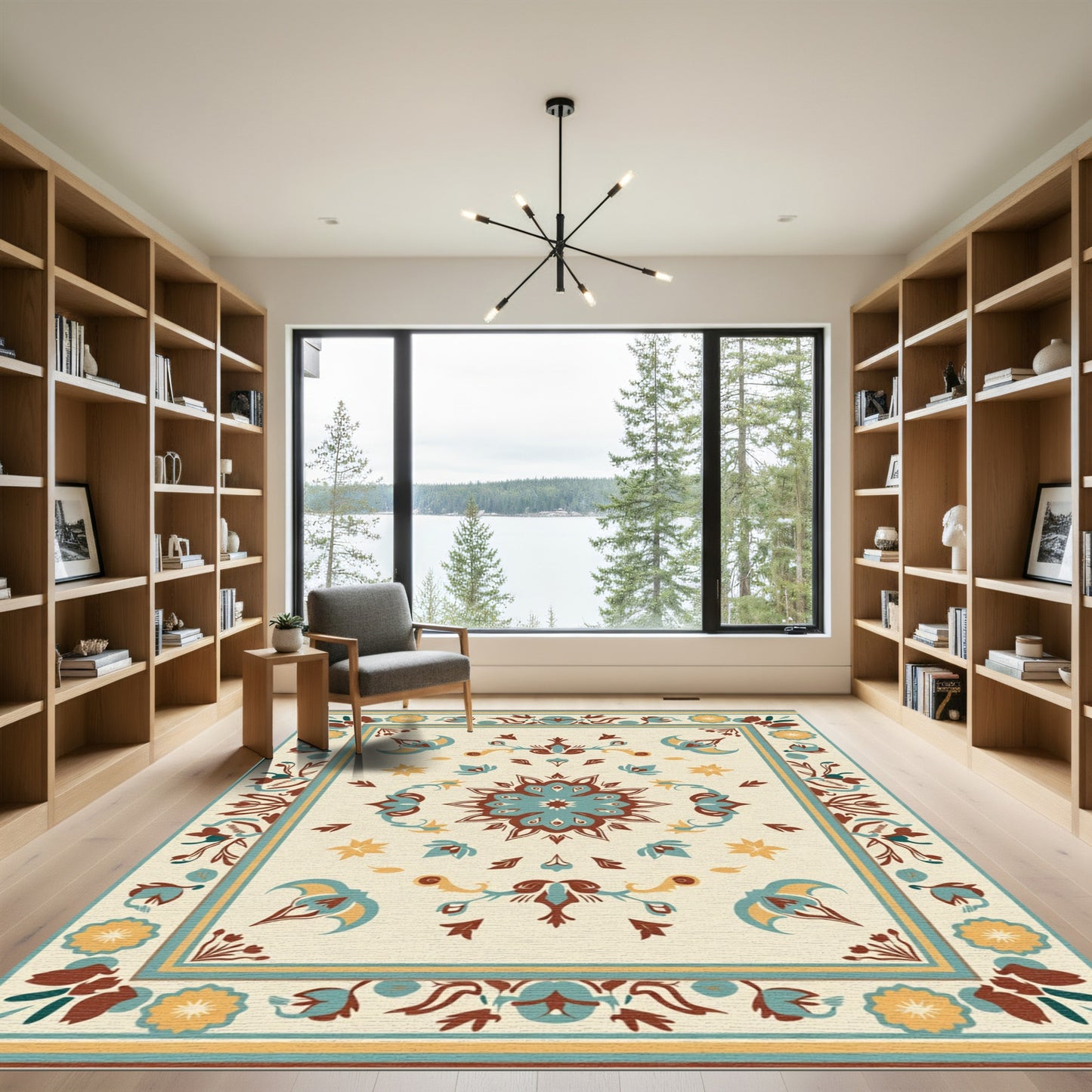Cream Teal Brown Floral Medallion Harmony Rug