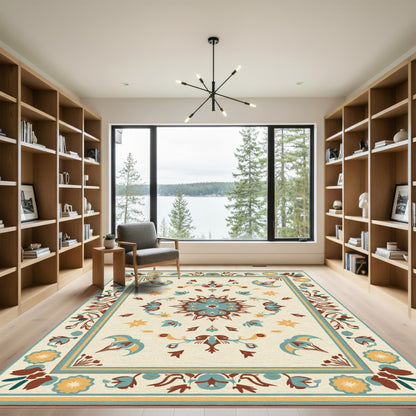 Cream Teal Brown Floral Medallion Harmony Rug