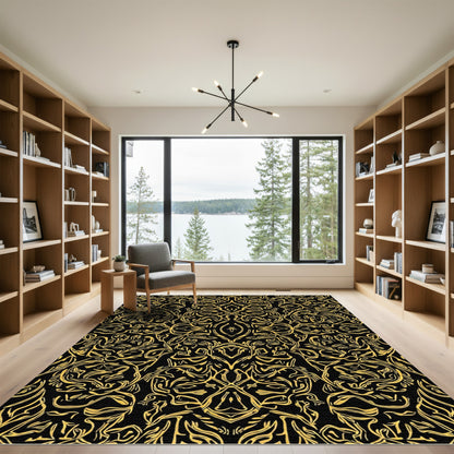 Gold Abstract Floral Symmetry Rug