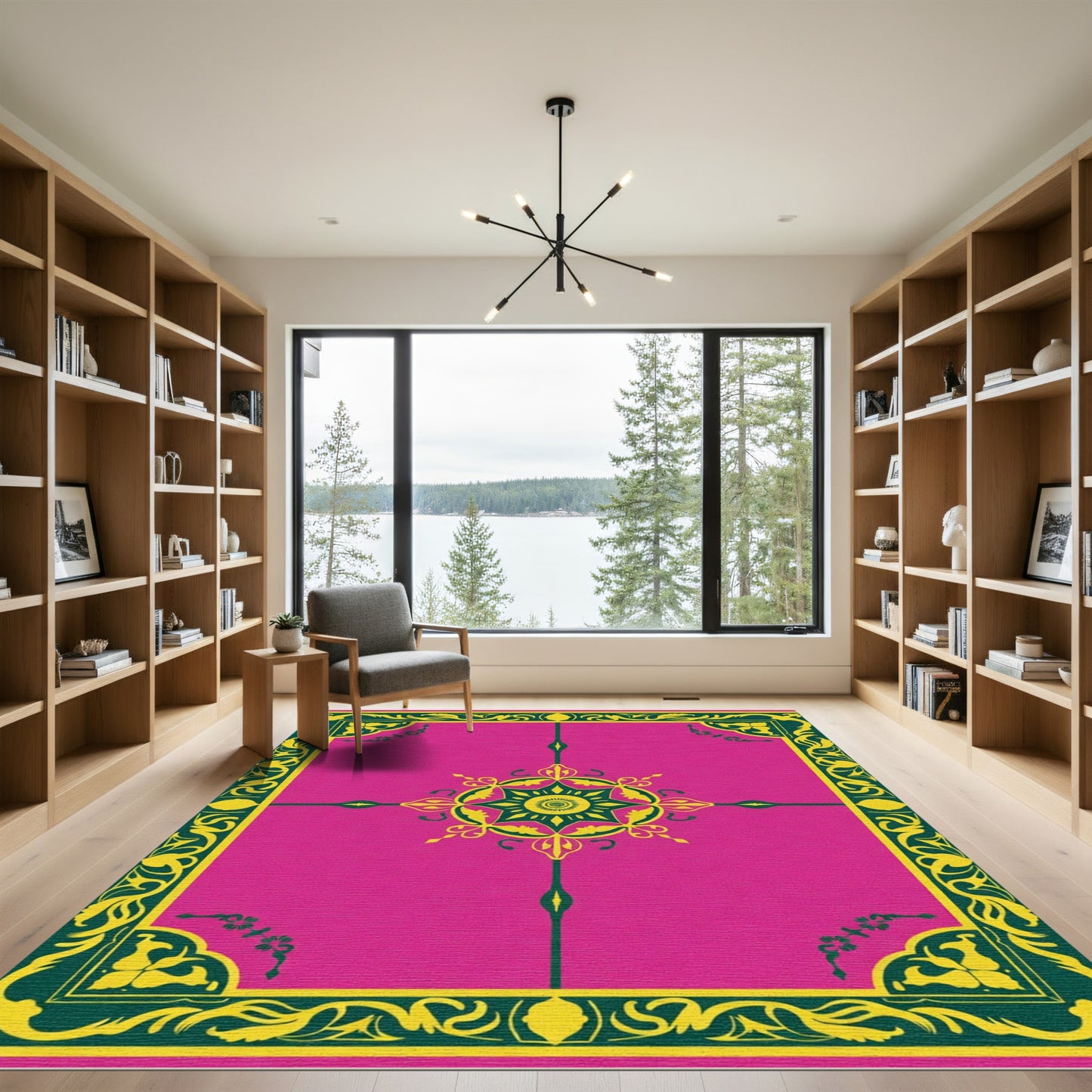 Vibrant Pink Floral Starburst Border Rug