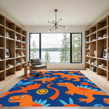 Whimsical Orange Dinosaur Blue Floral Rug