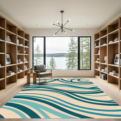Teal Blue Flowing Wave Abstract Rug