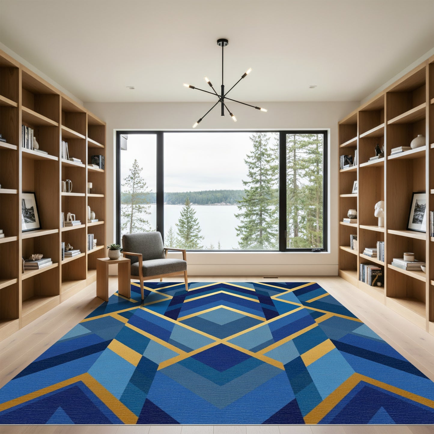 Art Deco Blue Geometric Gold Accents Rug