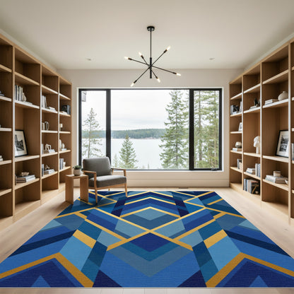 Art Deco Blue Geometric Gold Accents Rug