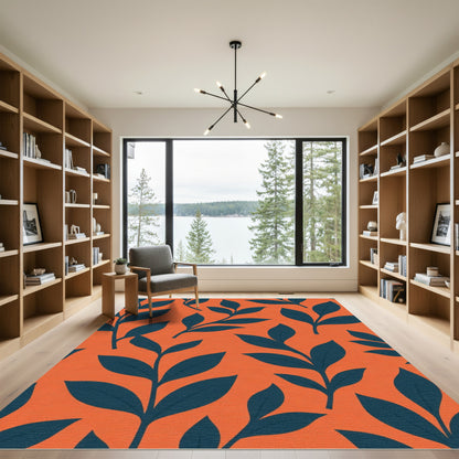 Terracotta Blue Green Leaf Arrangement Rug