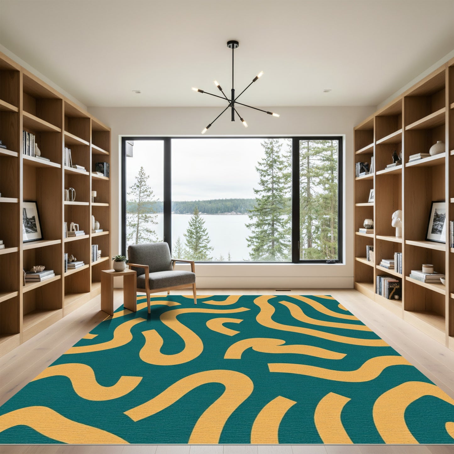 Teal Gold Abstract Curve Rug