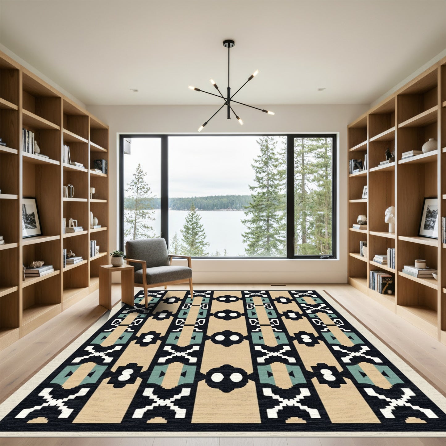 Geometric Tan Black Abstract Medallion Rug