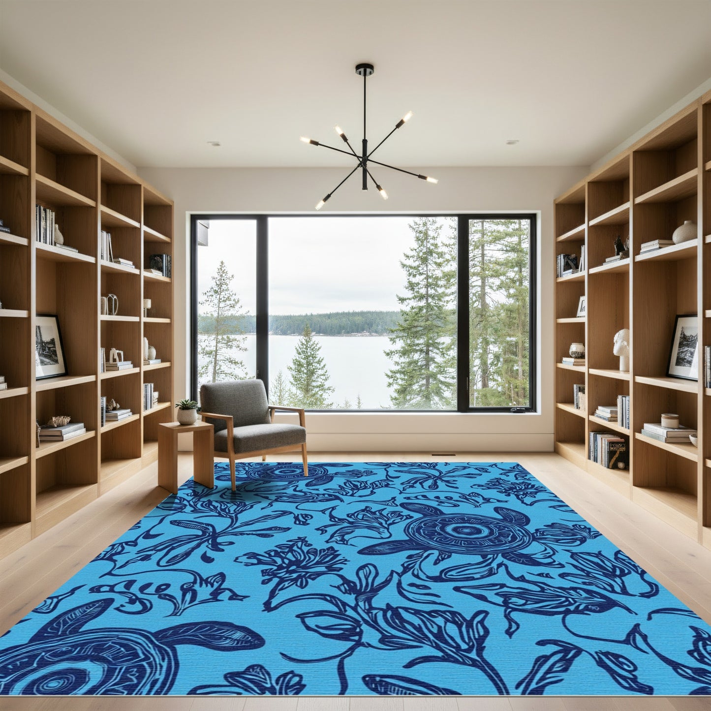 Ocean Blue Turtle Floral Illustration Rug