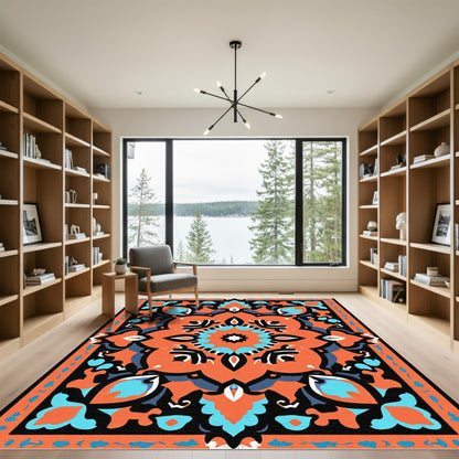 Vivid Orange Medallion Black Border Rug