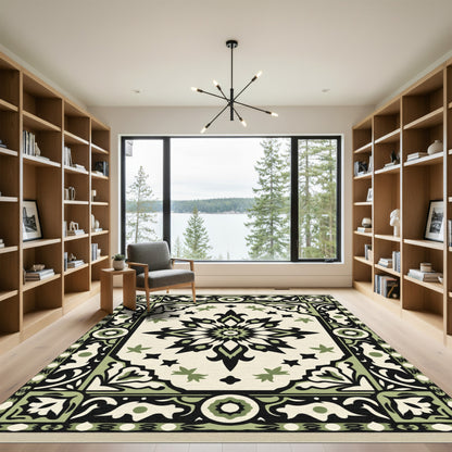 Green Black Cream Floral Medallion Rug