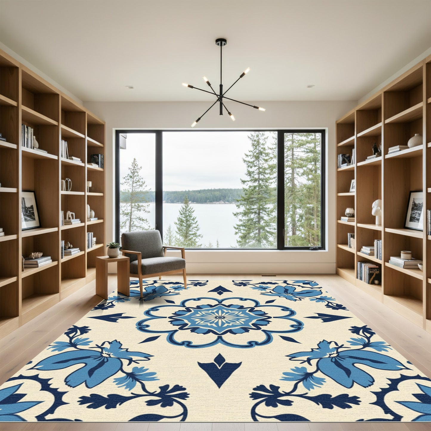 Azure Blue Floral Medallion Relief Rug