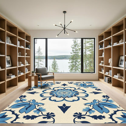 Azure Blue Floral Medallion Relief Rug