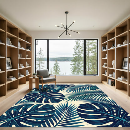 Deep Teal Tropical Leaf Collage Rug