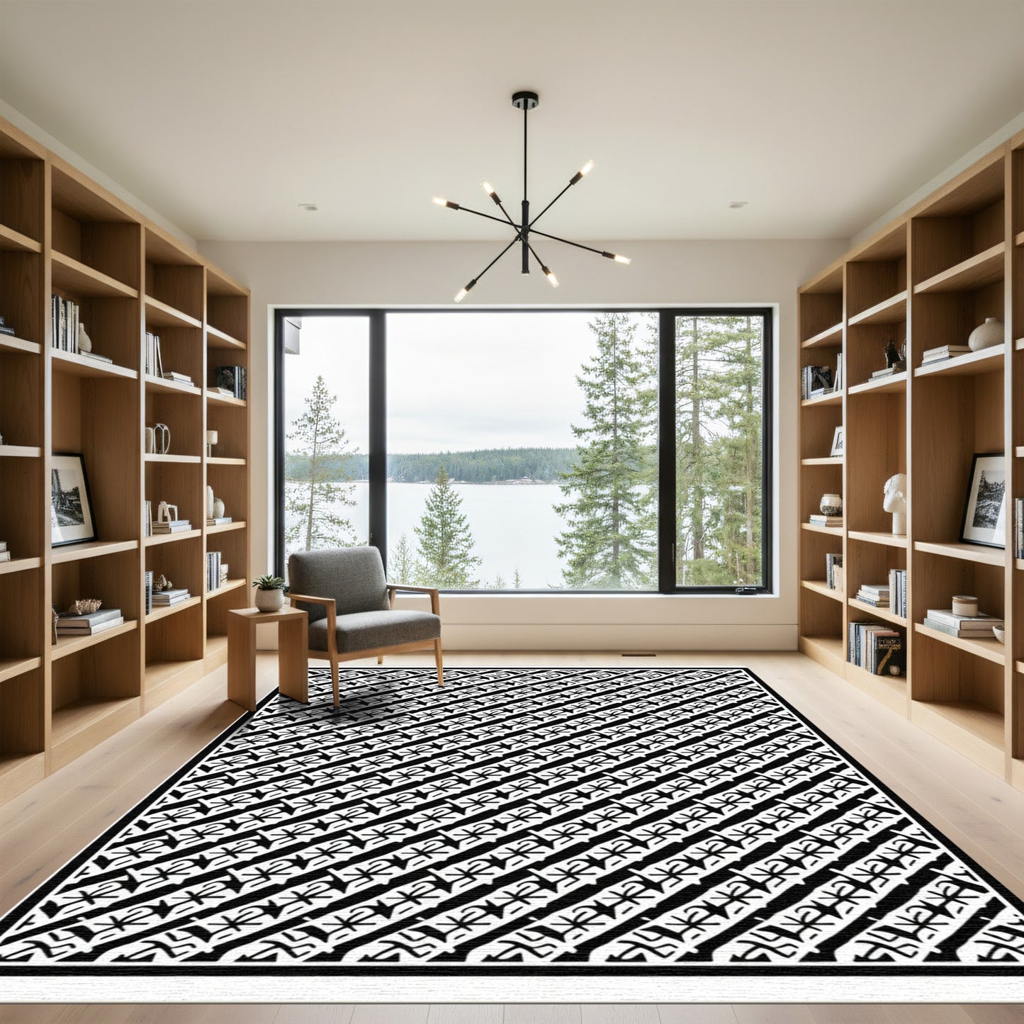 Black White Abstract Diagonal Stripe Rug