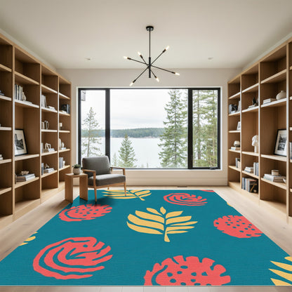 Teal Coral Leaf Botanical Arrangement Rug