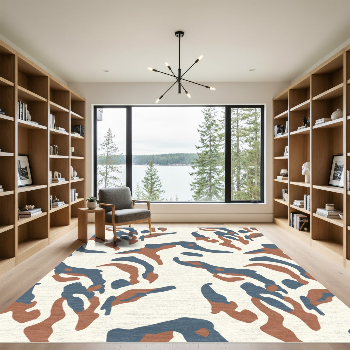 Camouflage Cream Blue Brown Abstract Shapes Rug
