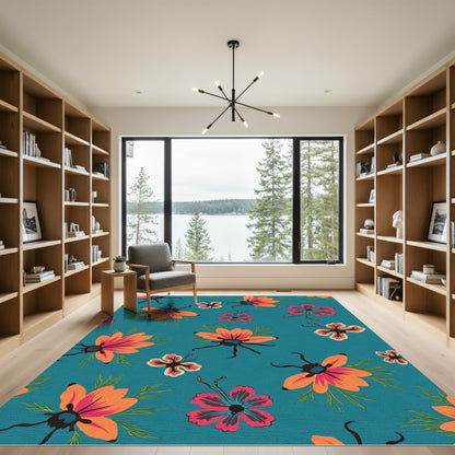 Bright Teal Orange Floral Insect Illustration Rug