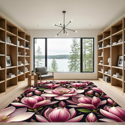 Magnolia Blooms Black background Rug