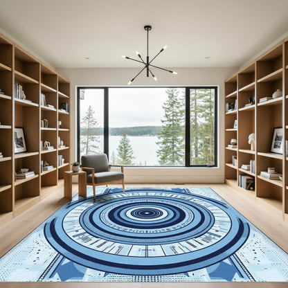 Cerulean Blue Geometric Concentric Circular Rug