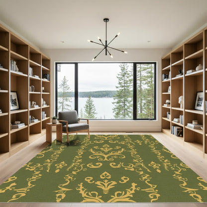 Olive Gold Scrollwork Damask Rug