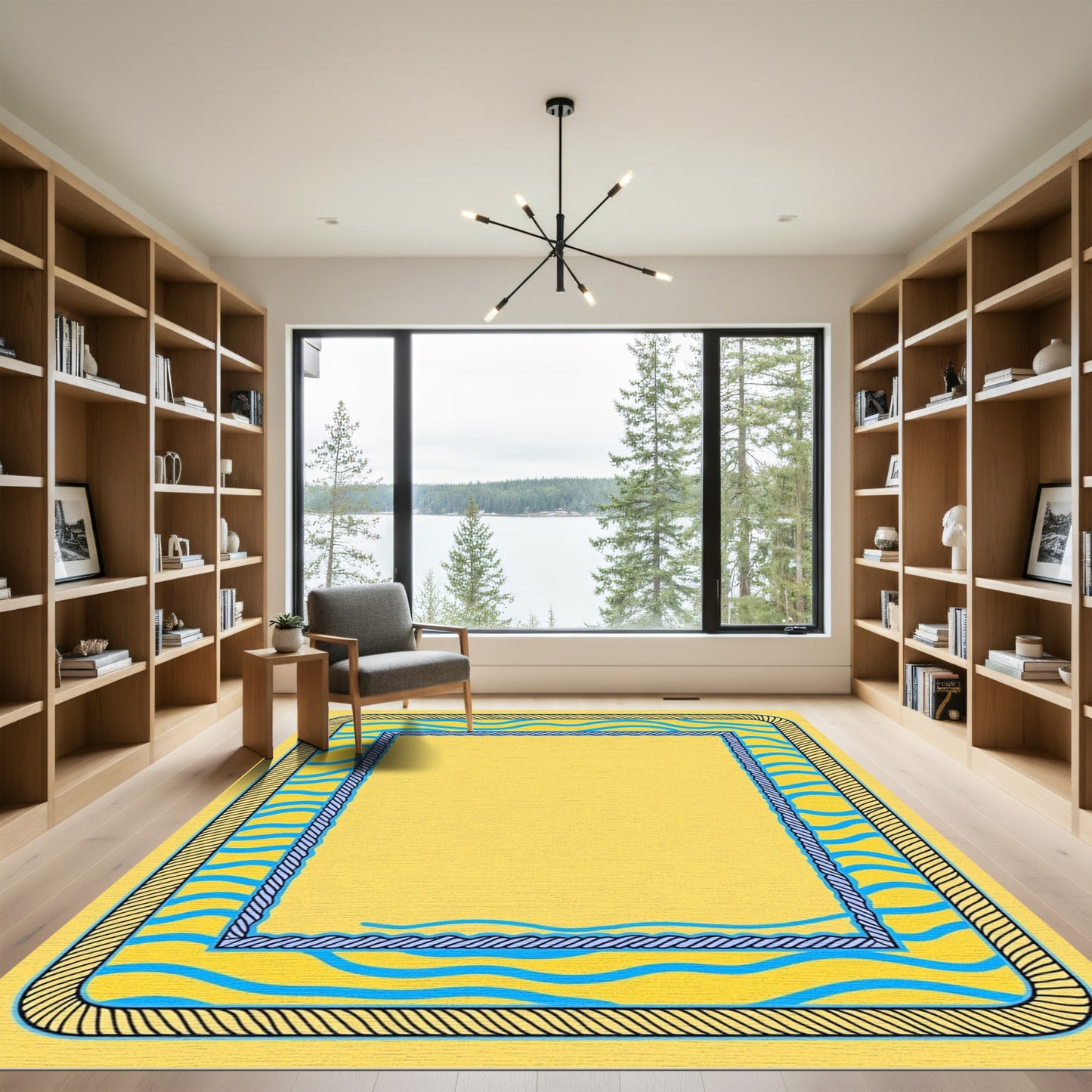 Bright Yellow Blue Wave Border Rug