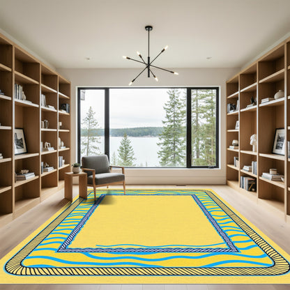 Bright Yellow Blue Wave Border Rug