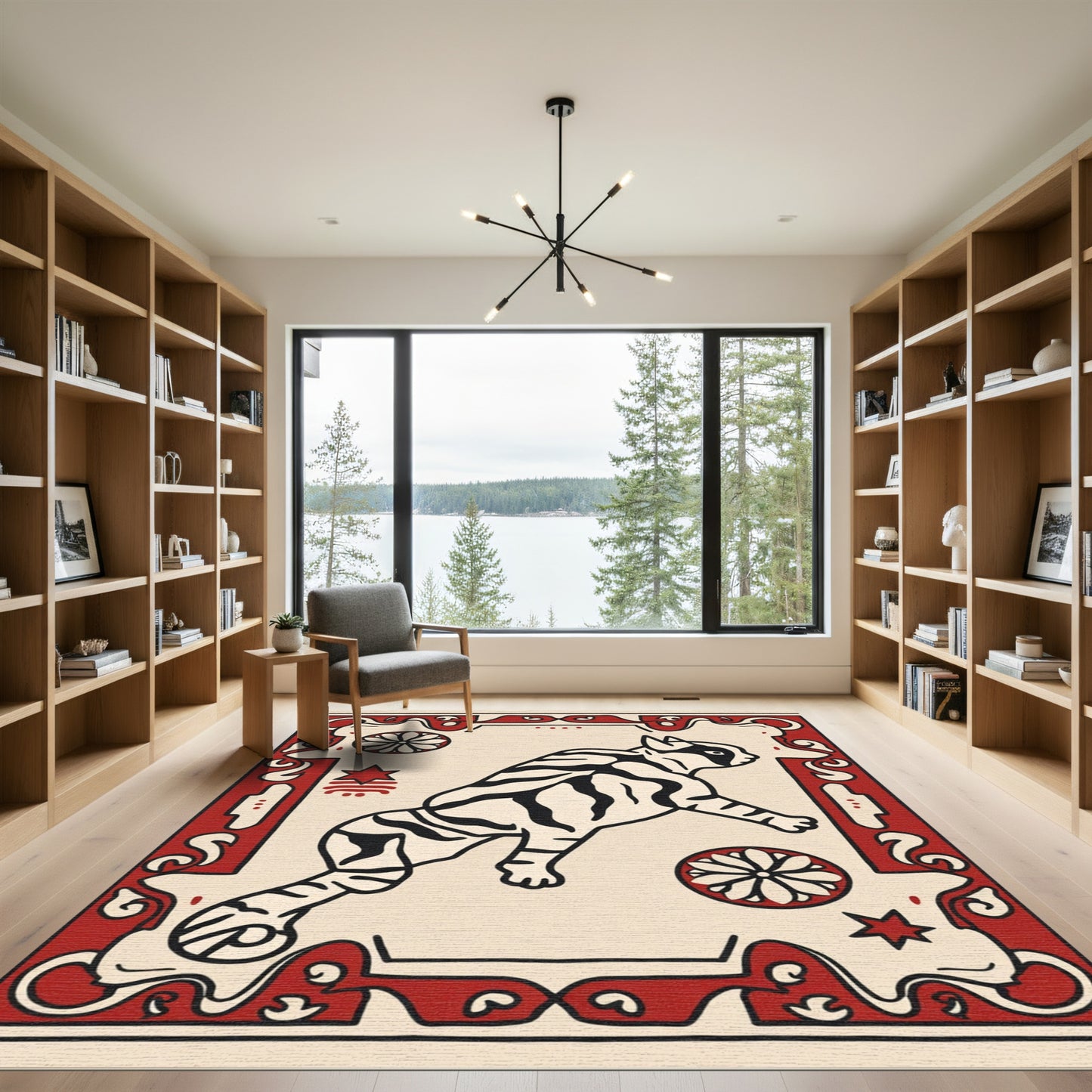 Bold Red Tiger Floral Frame Rug