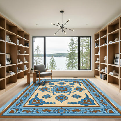 Golden Beige Blue Floral Medallion Rug