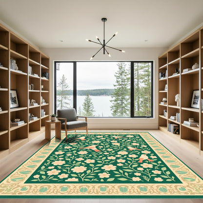 Emerald Green Floral Bird Border Rug