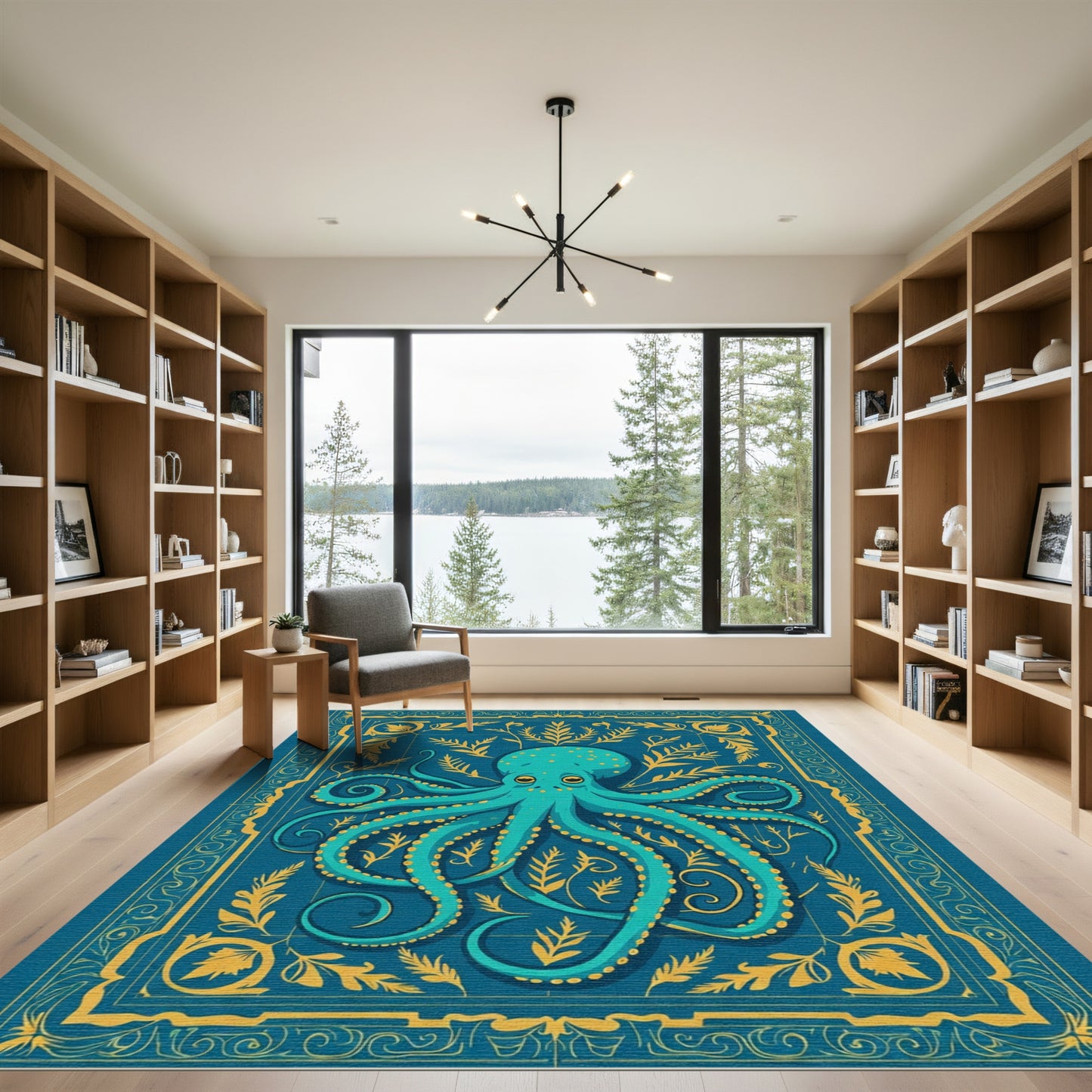 Teal Octopus Floral Border Rug