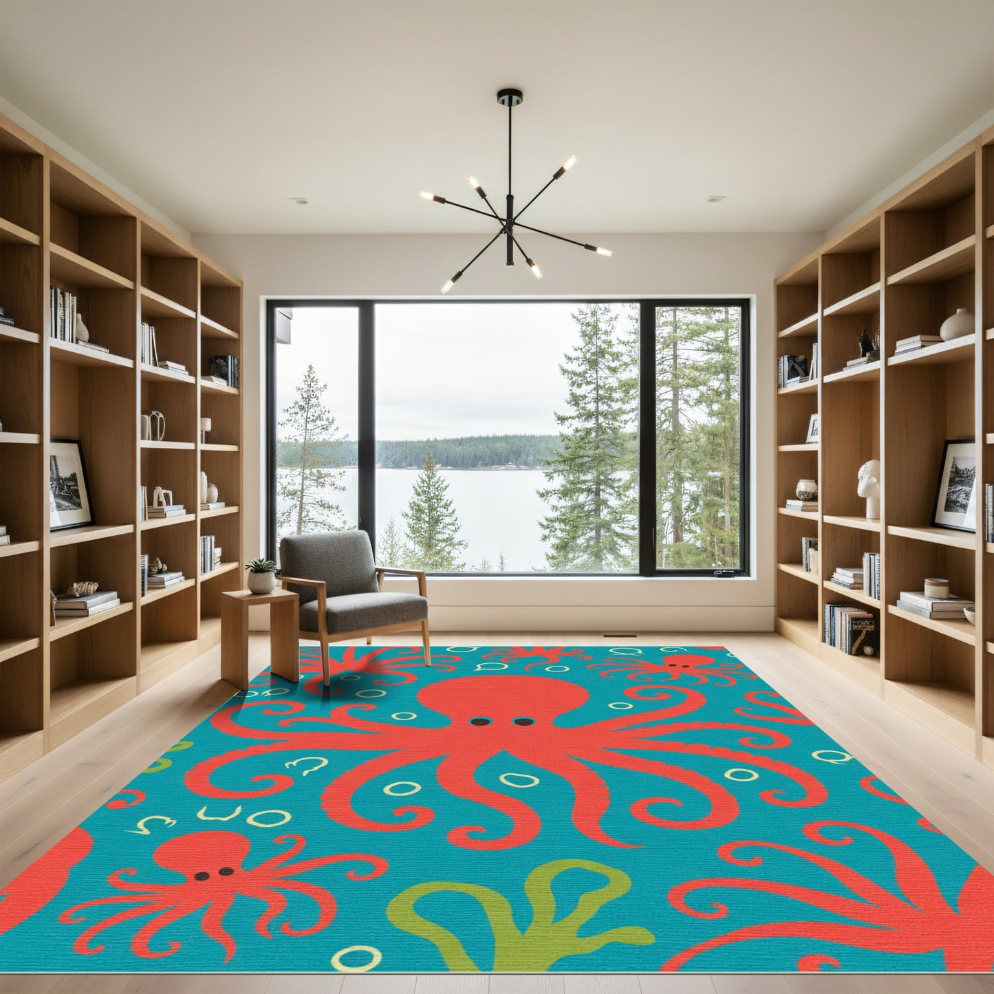 Red Octopi Teal Whimsical Aquatic Rug