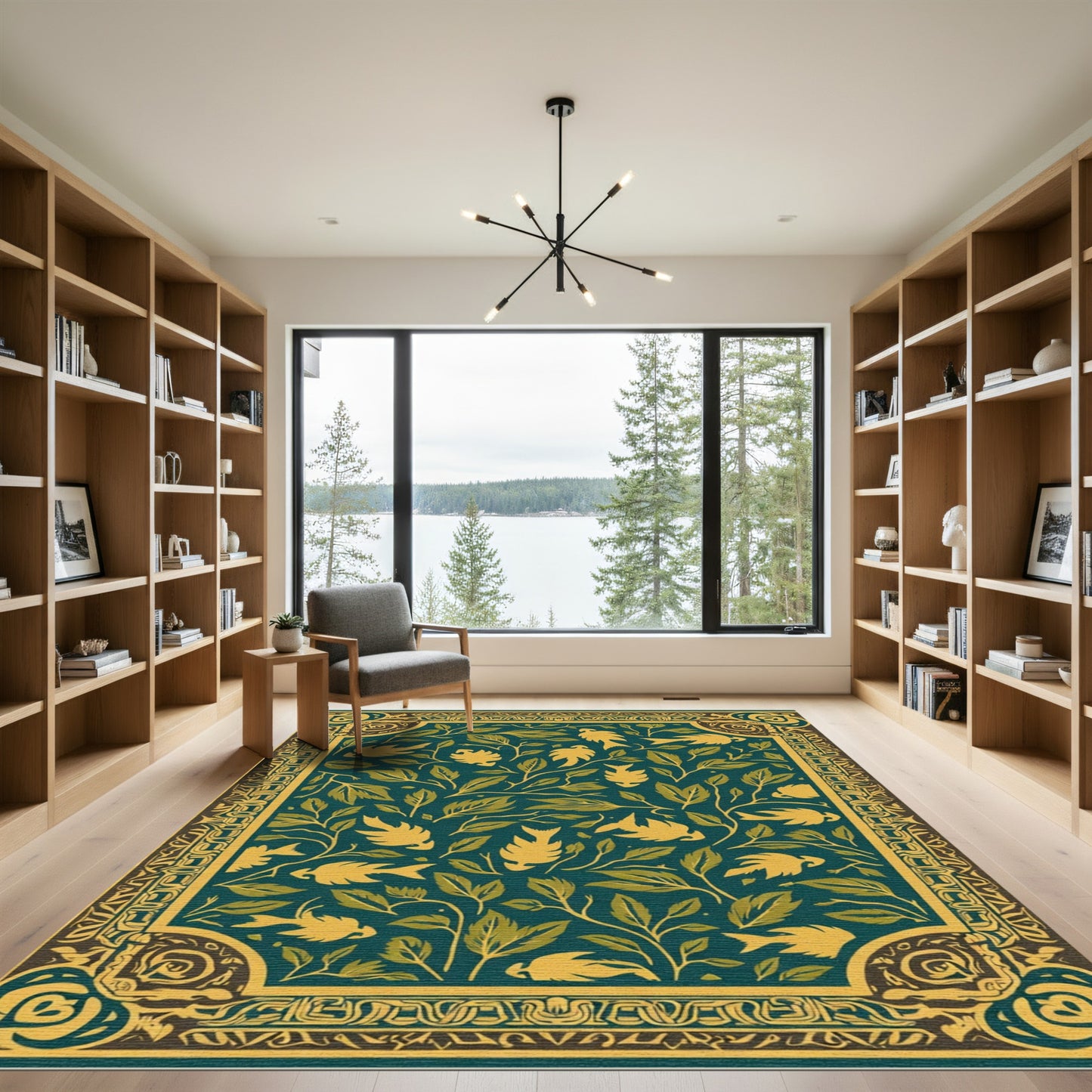 Teal Golden Bird Foliage Border Rug