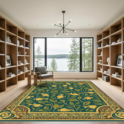 Teal Golden Bird Foliage Border Rug