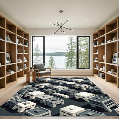 Monochrome Isometric Urban Landscape Rug
