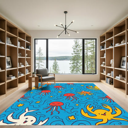Playful Ocean Life Jellyfish Crab Swirls Rug
